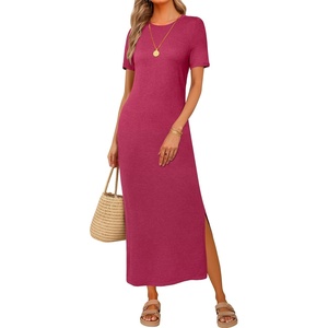 image:imageArachampCloz Womens Wool Blend Fall Business Casual T Shirts Maxi Dress  Soft Wool Blend Medium Stretch amp ThicknessCrew Neck short Sleeve Maxi Dress With side Slit fitsCasual And All OccasionsRose Red
