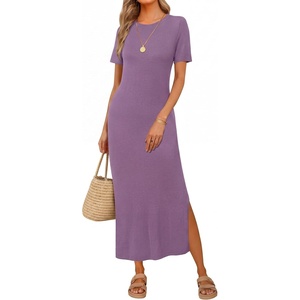 image:imageArachampCloz Womens Wool Blend Fall Business Casual T Shirts Maxi Dress  Soft Wool Blend Medium Stretch amp ThicknessCrew Neck short Sleeve Maxi Dress With side Slit fitsCasual And All OccasionsPurple