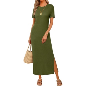 image:imageArachampCloz Womens Wool Blend Fall Business Casual T Shirts Maxi Dress  Soft Wool Blend Medium Stretch amp ThicknessCrew Neck short Sleeve Maxi Dress With side Slit fitsCasual And All OccasionsOlive Green