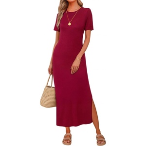 image:imageArachampCloz Womens Wool Blend Fall Business Casual T Shirts Maxi Dress  Soft Wool Blend Medium Stretch amp ThicknessCrew Neck short Sleeve Maxi Dress With side Slit fitsCasual And All OccasionsBurgundy