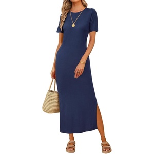 image:imageArachampCloz Womens Wool Blend Fall Business Casual T Shirts Maxi Dress  Soft Wool Blend Medium Stretch amp ThicknessCrew Neck short Sleeve Maxi Dress With side Slit fitsCasual And All OccasionsNavy