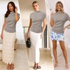 image:imageArachampCloz Womens Ruched Summer Tops Mock Neck Cap Sleeve Slim Fit BlousesGrey
