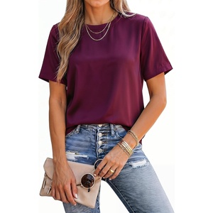 image:imageArachampCloz Womens Acetate Blend Satin Casual Blouse Crew Neck Loose Fit Ladies TopsWine Red