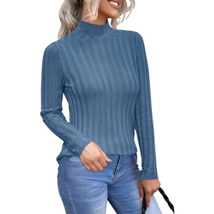 image:imageArachampCloz Womens Fall Ribbed Wool Blend Sweater Mock Neck Casual Outfits Long Sleeve Fitted Tops Trendy 2024Lake Blue