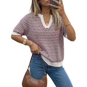 image:imageArachampCloz Womens Striped Short Sleeve Sweater Work Casual Fashion TrendyDark Red