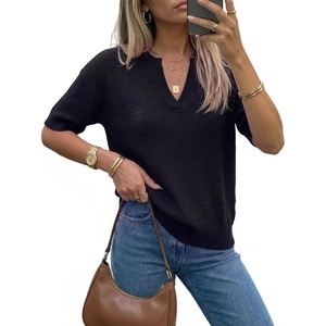 image:imageArachampCloz Womens Striped Short Sleeve Sweater Work Casual Fashion TrendySolid Black
