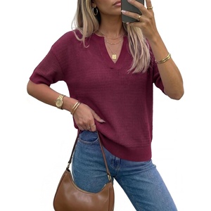 image:imageArachampCloz Womens Striped Short Sleeve Sweater Work Casual Fashion TrendySolid Burgundy