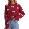 image:imageArachampCloz Womens Wool Blend Crew Neck Color Block Pullover SweaterBow Burgundy White