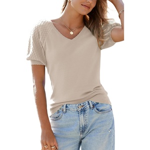 image:imageArachampCloz Womens 2025 Summer Short Puff Sleeve Shirts V Neck Cute Blouses Dressy Casual Trendy Sweater TopsCream White