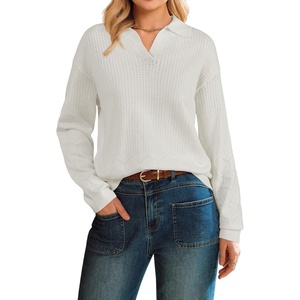 image:imageArachampCloz Womens Collared V Neck Eyelet Knit Fall Cotton Polo SweatersBeige
