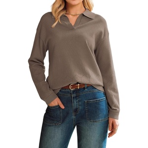 image:imageArachampCloz Womens Collared V Neck Eyelet Knit Fall Cotton Polo SweatersCoffee