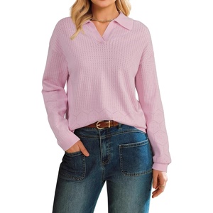 image:imageArachampCloz Womens Collared V Neck Eyelet Knit Fall Cotton Polo SweatersLight Pink