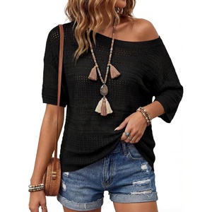image:imageArachampCloz Womens Linen Blend Crochet Tops Summer Casual Outfits SweaterBlack