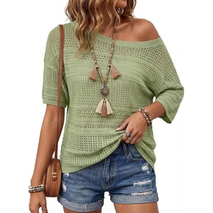 image:imageArachampCloz Womens Linen Blend Crochet Tops Summer Casual Outfits SweaterLight Green