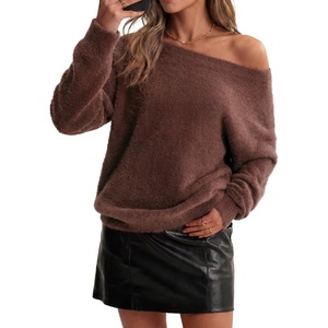 image:imageArachampCloz Womens Long Sleeve Faux Fur Off Shoulder Fuzzy Fall SweaterCoffee