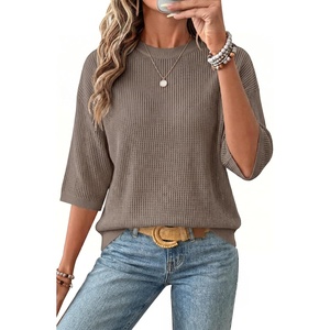 image:imageArachampCloz Womens Oversized 34 Sleeve Crochet Tops Summer Casual SweaterCoffee