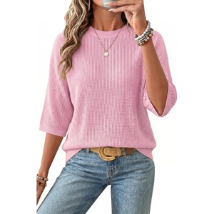image:imageArachampCloz Womens Oversized 34 Sleeve Crochet Tops Summer Casual SweaterLight Pink
