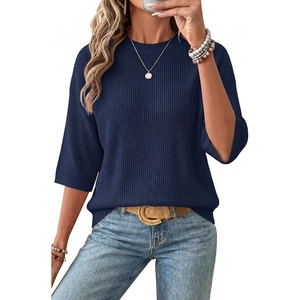 image:imageArachampCloz Womens Oversized 34 Sleeve Crochet Tops Summer Casual SweaterNavy