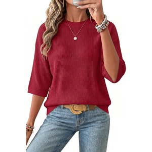 image:imageArachampCloz Womens Oversized 34 Sleeve Crochet Tops Summer Casual SweaterRed