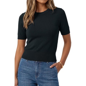 image:imageArachampCloz Womens Short Sleeve Sweater Cropped Crew Neck Summer TopsBlack