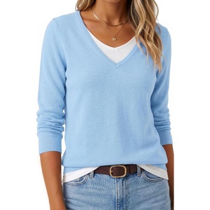 image:imageArachampCloz Womens Wool Blend 2 in 1 Patchwork V Neck Casual Sweater TopsLight Blue