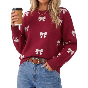 image:imageArachampCloz Womens Wool Blend Crew Neck Color Block Pullover SweaterBow Burgundy White