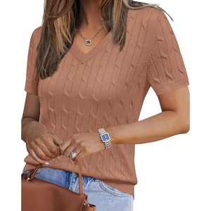 image:imageArachampCloz Womens Wool Blend Short Sleeve Summer Business Casual SweaterCablemocha Mousse