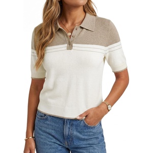 image:imageArachampCloz Womens Wool Blend Summer Short Sleeve Cropped Color Block Polo Collar Business Casual Pullover Sweater 2026White Oatmeal