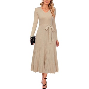 image:imageArachampCloz Womens Wool Blend Tie Waist Pleated Fall Winter Sweater DressApricot
