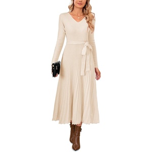 image:imageArachampCloz Womens Wool Blend Tie Waist Pleated Fall Winter Sweater DressBeige