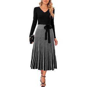 image:imageArachampCloz Womens Wool Blend Tie Waist Pleated Fall Winter Sweater DressBlackwhite Stripe