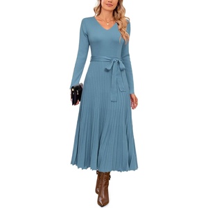 image:imageArachampCloz Womens Wool Blend Tie Waist Pleated Fall Winter Sweater DressBlue