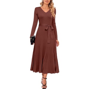 image:imageArachampCloz Womens Wool Blend Tie Waist Pleated Fall Winter Sweater DressBrown Red