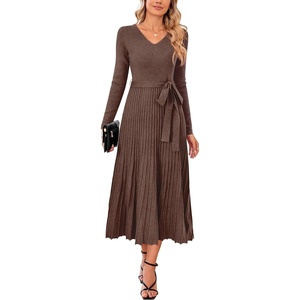 image:imageArachampCloz Womens Wool Blend Tie Waist Pleated Fall Winter Sweater DressCoffee