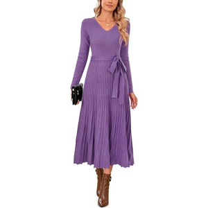image:imageArachampCloz Womens Wool Blend Tie Waist Pleated Fall Winter Sweater DressCoral Purple