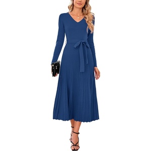 image:imageArachampCloz Womens Wool Blend Tie Waist Pleated Fall Winter Sweater DressNavy