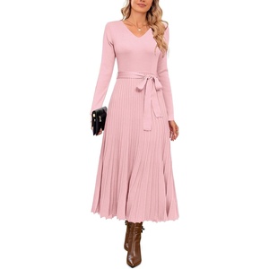 image:imageArachampCloz Womens Wool Blend Tie Waist Pleated Fall Winter Sweater DressPink