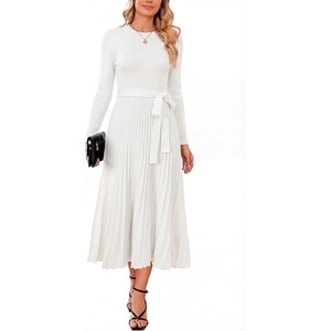 image:imageArachampCloz Womens Wool Blend Tie Waist Pleated Fall Winter Sweater DressWhite