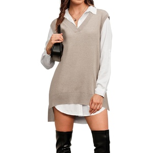 image:imageArachampCloz Womens Wool Blend Side Slit High Low Versatile V Neck Fall Sweater Vests 2025Apricot Oatmeal