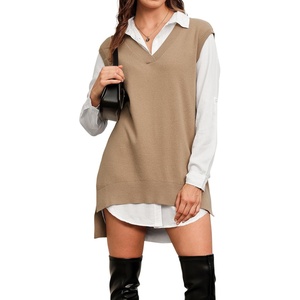 image:imageArachampCloz Womens Wool Blend Side Slit High Low Versatile V Neck Fall Sweater Vests 2025Khaki