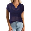 image:imageArachampCloz 2025 Womens Crochet Cap Sleeve Knit Tops Spring Summer Shirts Lightweight Collared Hollow Out Casual BlousesNavy