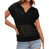 image:imageArachampCloz 2025 Womens Crochet Cap Sleeve Knit Tops Spring Summer Shirts Lightweight Collared Hollow Out Casual BlousesBlack