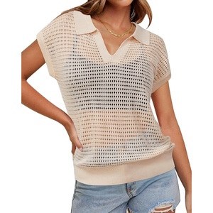 image:imageArachampCloz 2025 Womens Crochet Cap Sleeve Knit Tops Spring Summer Shirts Lightweight Collared Hollow Out Casual BlousesApricot