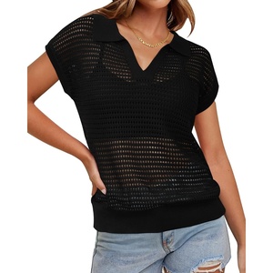 image:imageArachampCloz 2025 Womens Crochet Cap Sleeve Knit Tops Spring Summer Shirts Lightweight Collared Hollow Out Casual BlousesBlack